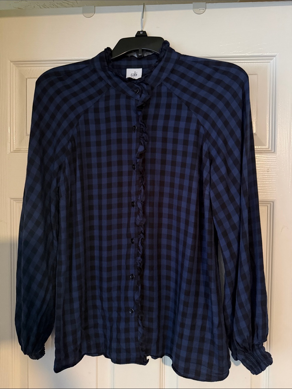 CAbi Navy and Black Gingham Ruffle Front Blouse